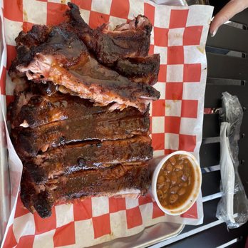 Rollin' Smoke BBQ - Half rack ribs with beans. - Barbeque Near Me - Anthony, Texas