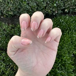 Dip with gel on top, rose gold French design Dip with gel on top, rose gold French design