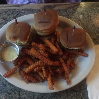 Seven Saints - Smokey BBQ slider, classic slider, and fried chicken slider with sweet potato fries - American Near Me - Champaign, Illinois Seven Saints - Smokey BBQ slider, classic slider, and fried chicken slider with sweet potato fries - American Near Me - Champaign, Illinois