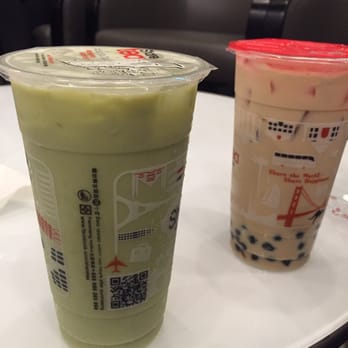 Sharetea - Matcha milk tea (recommended less ice, normal sugar with egg pudding in it), and boba milk tea - Coffee & Tea Near Me - Cerritos, California Sharetea - Matcha milk tea (recommended less ice, normal sugar with egg pudding in it), and boba milk tea - Coffee & Tea Near Me - Cerritos, California