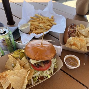 Lost Pier Cafe - Cheeseburger, hot dog and Side of fries. - Cafes Near Me - Laguna Beach, California