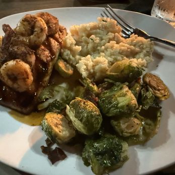 Pond - Glazed salmon and shrimp with risotto and brussels sprouts. - New American Near Me - Warner Robins, Georgia Pond - Glazed salmon and shrimp with risotto and brussels sprouts. - New American Near Me - Warner Robins, Georgia