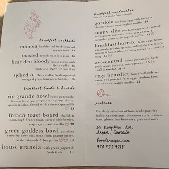 Bear Den Aspen - Breakfast menu as of September 2020 - Breakfast & Brunch Near Me - Aspen, Colorado