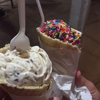 Katie's Ice Cream - Two cape cod sands in waffle cones one with rainbow sprinkles. - Ice Cream & Frozen Yogurt Near Me - Hyannis, Massachusetts Katie's Ice Cream - Two cape cod sands in waffle cones one with rainbow sprinkles. - Ice Cream & Frozen Yogurt Near Me - Hyannis, Massachusetts
