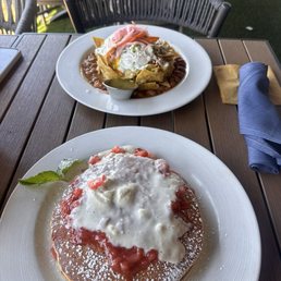 Chilaquiles * and Strawberry Shortcake Pancakes Chilaquiles * and Strawberry Shortcake Pancakes