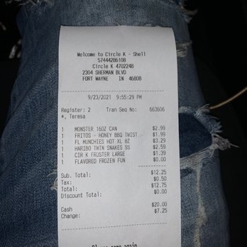 Circle K - My receipt and the name is Teresa is on it but it was an older lady - The image displays a printed receipt from Circle K, located at 2304 Sherman Blvd, Fort Wayne, IN, dated September 23, 2021, at 9:55 PM. The receipt lists purchased items including a Monster 16oz can, Fritos Honey BBQ Twist, Flamin' Munchies Hot XL, Haribo Twin Snakes, and others, with a total of $12.75. The receipt is held over a person's lap, who is wearing distressed, ripped jeans. The background is dark and out of focus. - Convenience Stores Near Me - Fort Wayne, Indiana