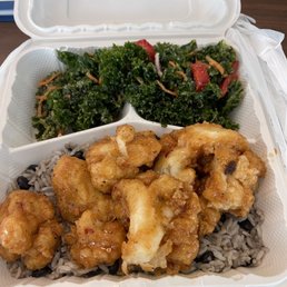 Rice and beans , garlic kale and General Tso's Cauliflower