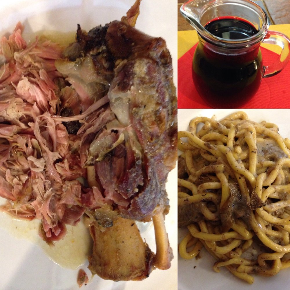 Trattoria da Giorgio - Giant roasted pork flank, cup of red wine and home made pasta mushroom truffle from Trattoria Da Giorgio. - Tuscan Near Me - Florence, FI Trattoria da Giorgio - Giant roasted pork flank, cup of red wine and home made pasta mushroom truffle from Trattoria Da Giorgio. - Tuscan Near Me - Florence, FI