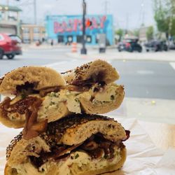 Bagel Bar - Everything, Scallion Cream Cheese, bacon & jelly.  If you didn't know, now you know..levels to the bagel game!
