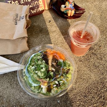 Aloha Cafe - a salad and a drink on a table - Poke Near Me - Asheville, North Carolina