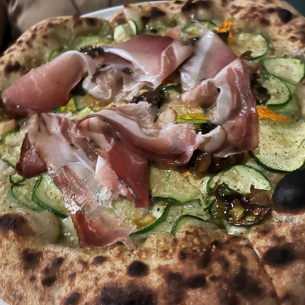 Si Cara - Squash blossom pizza with speck. - Pizza Near Me - Cambridge, Massachusetts Si Cara - Squash blossom pizza with speck. - Pizza Near Me - Cambridge, Massachusetts