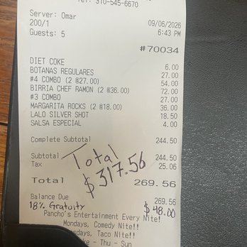 Pancho's Restaurant - They charged gratuity on 5 people... - Mexican Near Me - Manhattan Beach, California Pancho's Restaurant - They charged gratuity on 5 people... - Mexican Near Me - Manhattan Beach, California