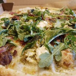 Blaze Pizza - Built my own with white sauce, ricotta, mozzarella, smoked ham, roasted garlic, artichoke, fresh basil, and arugula.