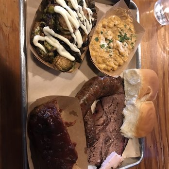 407 BBQ - Fried Brussel sprouts, green Chile corn, smoked meatloaf, brisket, and jalapeño cheddar sausage.... - Barbeque Near Me - Argyle, Texas