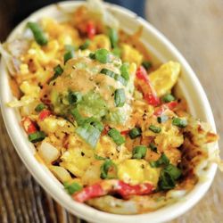 Troy’s Fresh Kitchen & Juice Bar - Sunshine Scramble over freshly shredded hash browns