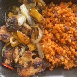 Friends & Family Food Truck - Bean stew with rice and grilled chicken.