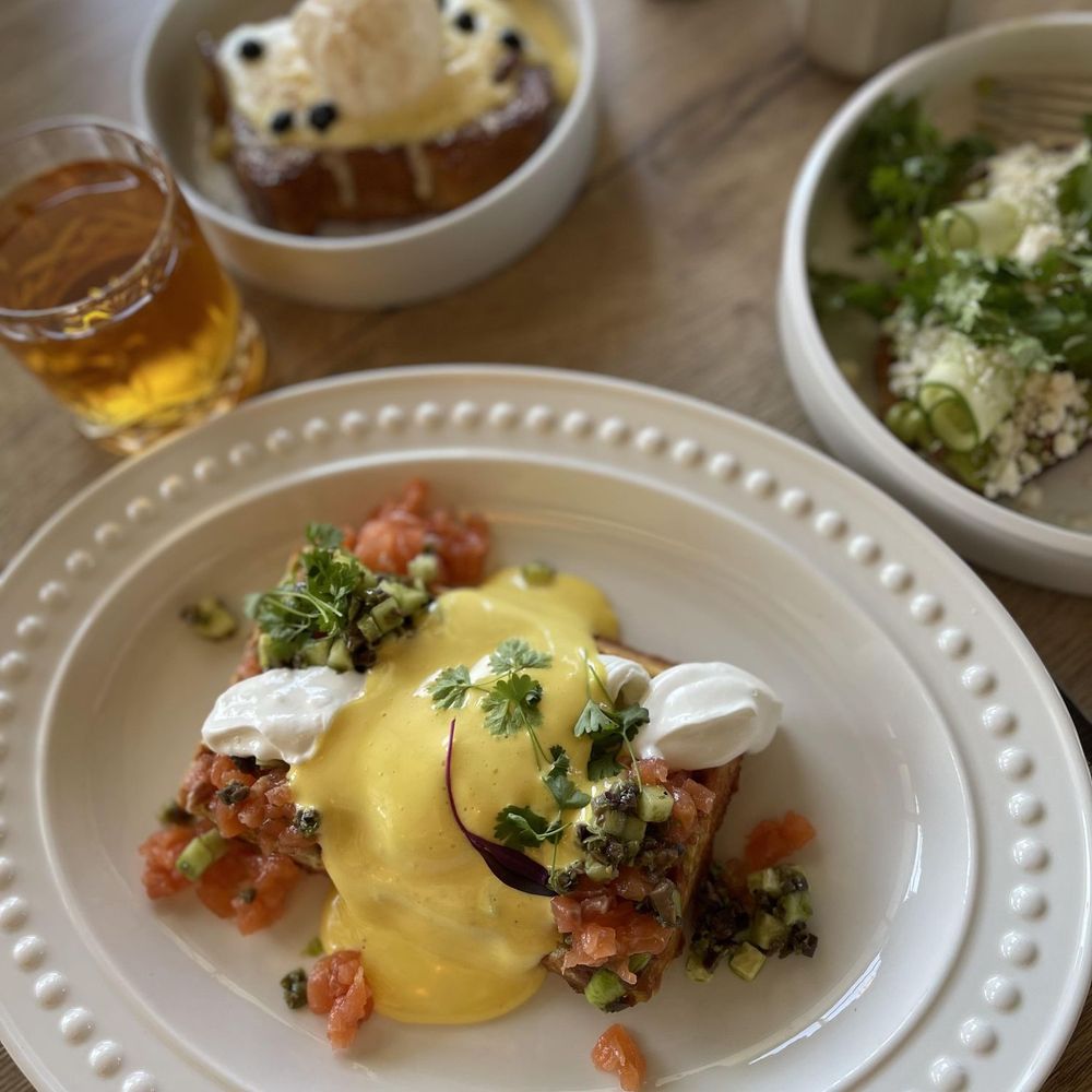 Rose Gose - Salmon and potato waffle - Cocktail Bars Near Me - Austin, Texas Rose Gose - Salmon and potato waffle - Cocktail Bars Near Me - Austin, Texas