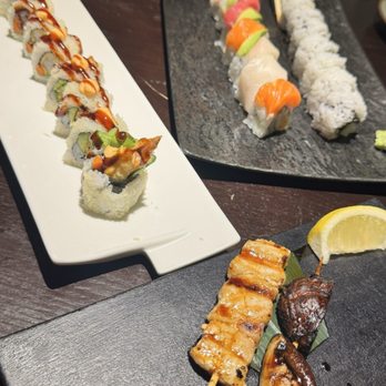 Ginza - Shrimp Crunch Maki, Rainbow maki, California maki & a pork belly & shitake mushroom yakitori - Izakaya Near Me - Las Vegas, Nevada Ginza - Shrimp Crunch Maki, Rainbow maki, California maki & a pork belly & shitake mushroom yakitori - Izakaya Near Me - Las Vegas, Nevada