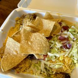 Taco Shop - Beef enchilada. Beans and chips.