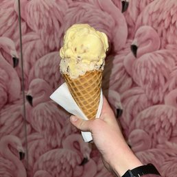 Medium Ice Cream in Waffle Cone: Butter Pecan (bottom) and Salty Pumpkin Pretzel (top) Medium Ice Cream in Waffle Cone: Butter Pecan (bottom) and Salty Pumpkin Pretzel (top)