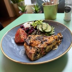 BOON - Mushroom, asparagus, broccoli quiche adorned by the tastiest salad ever.