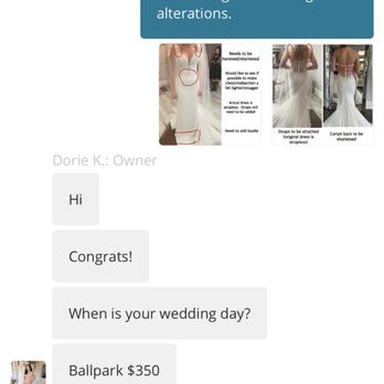L'Mode Bridal Alterations Specialist - Yelp conversation where I was quoted approximately $350 for the alterations. - Bridal Near Me - Tustin, California L'Mode Bridal Alterations Specialist - Yelp conversation where I was quoted approximately $350 for the alterations. - Bridal Near Me - Tustin, California