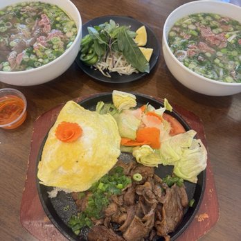Pho Now - Left: Brisket & Filet Mignon Pho/Small Center: Sizzling Plate Grilled Pork w/ rice and Egg Right: Filet Mignon Pho/Small - Vietnamese Near Me - San Jose, California