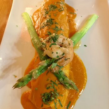 Bon Ami - Seafood crepe with tiger shrimp, crab, gruyere cheese topped with garlic tomato sauce and asparagus - Creperies Near Me - Denver, Colorado