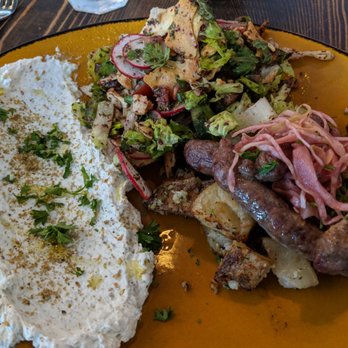 Jamjar Canteen - Makanik (lamb sausages) labneh (pressed yogurt and zaatar, left) and fattoush salad (cucumber radish) perfect texture, flavor, complexity! - Lebanese Near Me - Vancouver, British Columbia Jamjar Canteen - Makanik (lamb sausages) labneh (pressed yogurt and zaatar, left) and fattoush salad (cucumber radish) perfect texture, flavor, complexity! - Lebanese Near Me - Vancouver, British Columbia