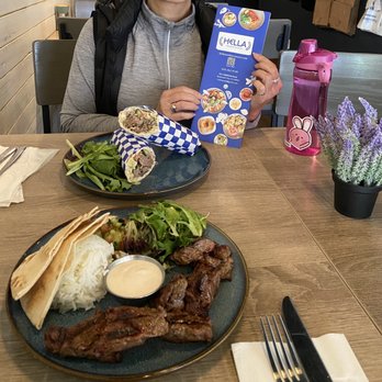 Hella Mediterranean - Grass-Fed Beef Kebab Plate (foreground) & Koftedes Wrap (background) - Halal Near Me - Redwood City, California Hella Mediterranean - Grass-Fed Beef Kebab Plate (foreground) & Koftedes Wrap (background) - Halal Near Me - Redwood City, California
