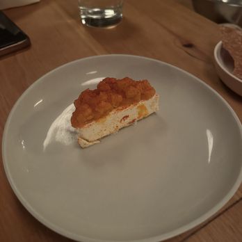 Candide - Ponc Blanc cheese dessert covered in a sweet potato and pepper purée - French Near Me - Montreal, Quebec