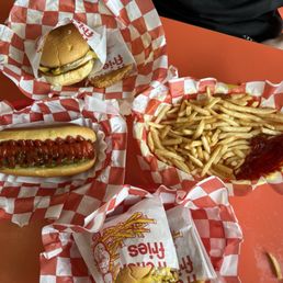 Bacon egg and cheese, ham egg and cheese, hash browns, hotdog and fries