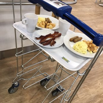 IKEA Restaurant - Cart to Put your tray on. Breakfast - scrambled eggs, potatoes, sausage, bacon and coffee. - Scandinavian Near Me - West Chester Township, Ohio