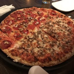 All mushroom and onions, half sausage, half pepperoni.  Yum yum.