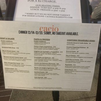 Cacio - Menu for 12/14-12/23 - Italian Near Me - Sacramento, California
