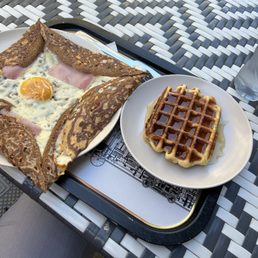Ham, egg & cheese crepe. Waffle with honey Ham, egg & cheese crepe. Waffle with honey