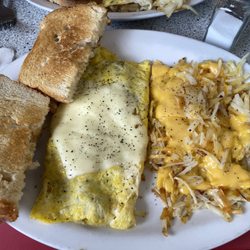 Red Hill Royal Cafe - Build your own omelette, hashbrowns with onion and cheese. Homemade white bread.