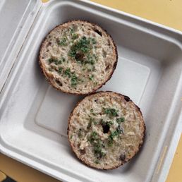Kathy & Rick: Cantabrian anchovy butter, chives & pickled guindilla peppers served open faced on the freshest available bagel. Kathy & Rick: Cantabrian anchovy butter, chives & pickled guindilla peppers served open faced on the freshest available bagel.
