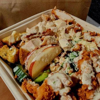 MIXT - DESIGN YOUR OWN SALAD. Crispy & grill chicken, cucumbers, eggs, apples, dried cranberries, herbs, garlic croutons, caesar dressing - Salad Near Me - San Francisco, California