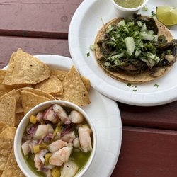 Chingón - Ceviche of the day and mushroom & poblano taco, fresh & delish!
