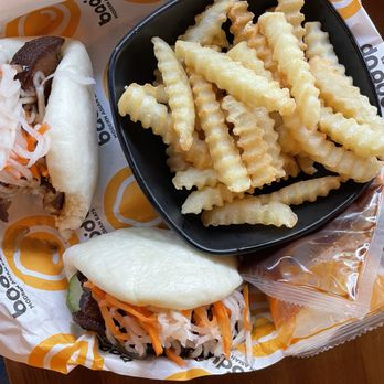 Bao'd Up - Sunset Valley - Pork Belly (Pair) with (crinkly) Plain Fries. I took a bite before taking the picture. Sorry not sorry. Lol. - Asian Fusion Near Me - Sunset Valley, Texas