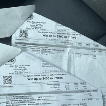 Midas - The top one is my old invoice and the bottom one is recent. - Tires Near Me - Towson, Maryland