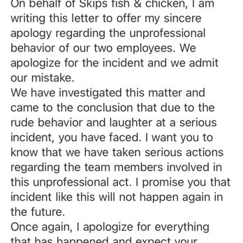 Skips Fish & Chicken - This is the response I received. I really hope they took care of the matter because as I already stated I will be following up! - Chicken Wings Near Me - Sacramento, California
