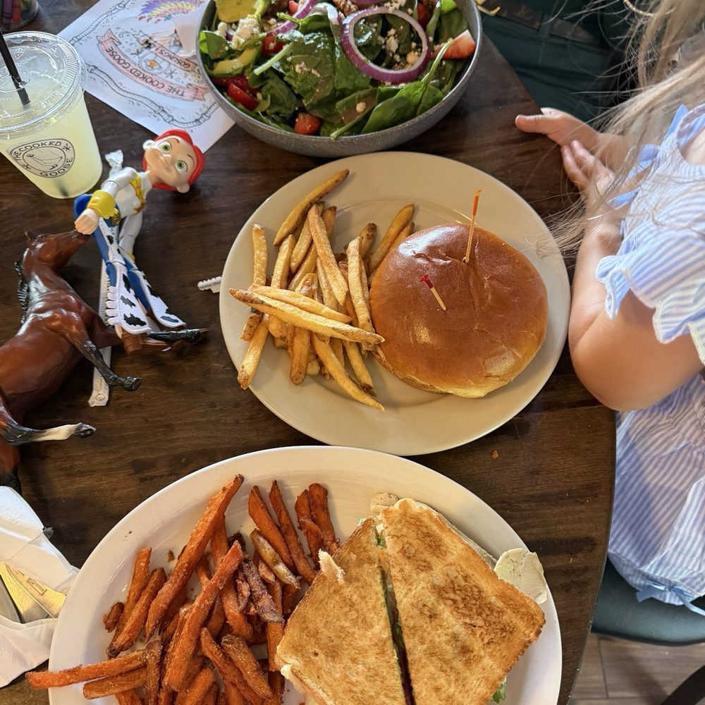 Club Sandwich, sweet potato fries, salad, burger, and fries Club Sandwich, sweet potato fries, salad, burger, and fries