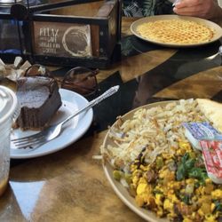 Tofu scramble, waffle, espresso chocolate cheesecake