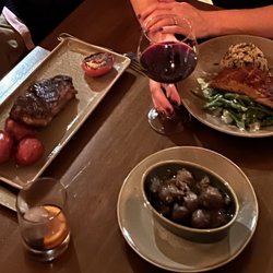 The Frogtown Chophouse - NY Strip, Salmon Filet, Garlic Mushrooms