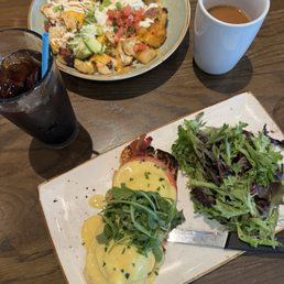 BLTE eggs benedict, cold brew, seasonal hash