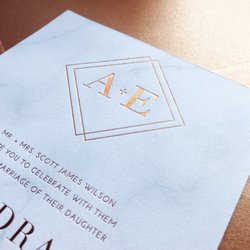 Paper Daisies Stationery - Copper foil pressed wedding invitation in modern block font diamond design.
