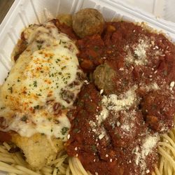 Spageddy Eddy's of London - Delivery - chicken parm with extra meatballs.