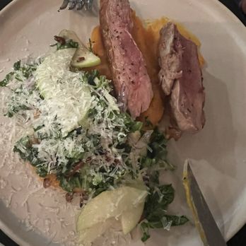 Bleu Duck Kitchen - Duck with butternut squash puree and apple arugula salad, topped with Parmesan cheese - New American Near Me - Rochester, Minnesota